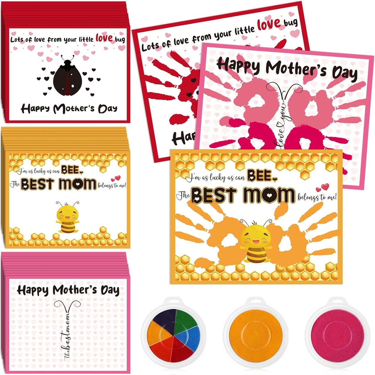 30 Pcs Mother's Day Handprint Craft Kits with 3 Large Ink Pads – DIY Greeting Cards for Mom, Sunday Home & Classroom Activities (Yellow, Bee)